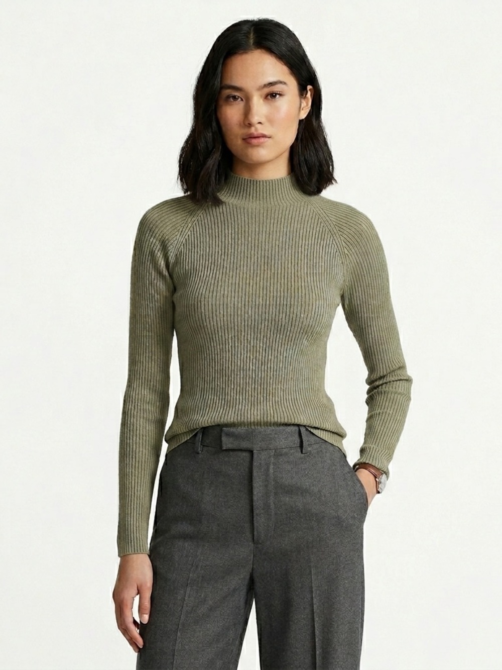Stephanie Andrews Mock Neck Sweater Ribbed Knit 100% Silk Sage Green L